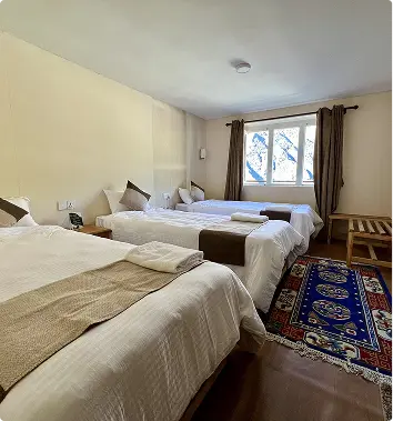 Cozy mountain lodge bedroom with warm lighting